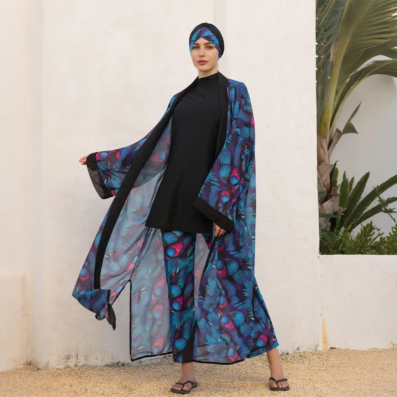 4‑Piece Modest Muslim Swimsuit Burkini Peacock‑Feather Print Long‑Sleeve Open‑Front Cover‑Up Conservative Beach Pool Swimwear