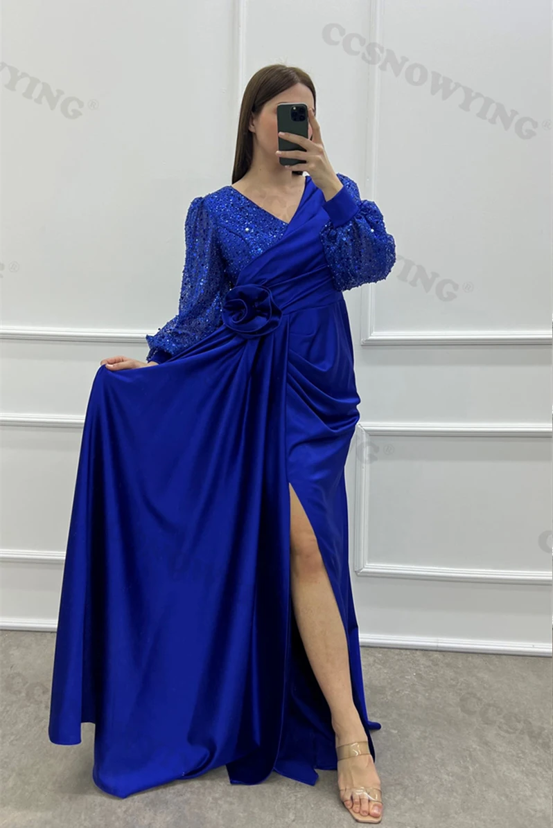 Sequin Beaded with Slit Prom Dresses Satin Long Sleeve Double V Neck Formal Evening Party Gown Women Robes De Soirée