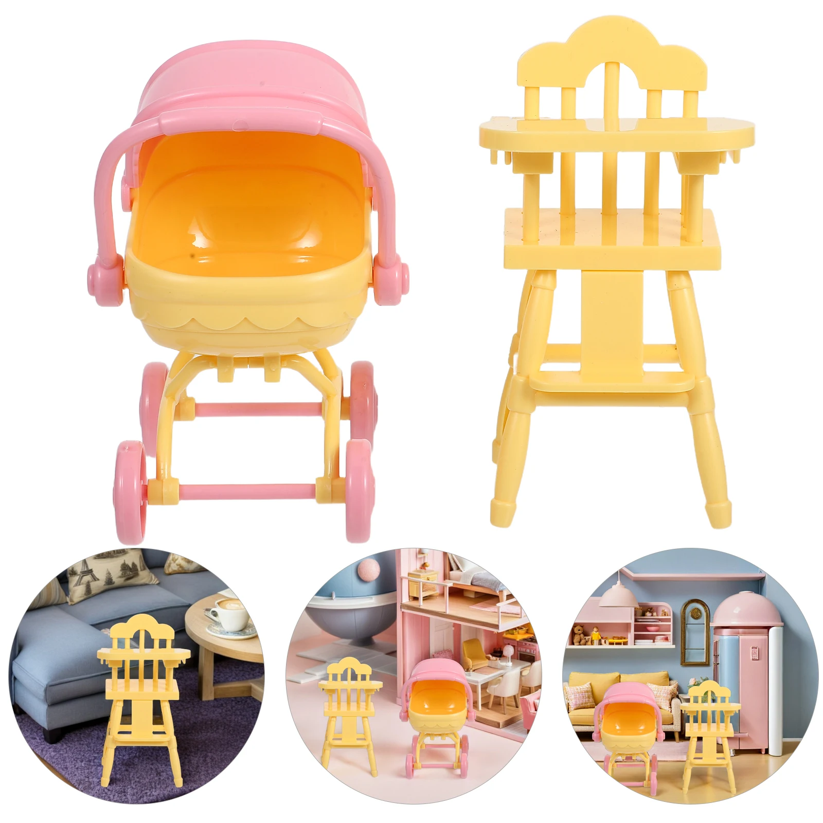

1 set Baby Stroller Toy Miniature Dollhouse Accessories Realistic Highchair Pretend Play Furniture for Kids