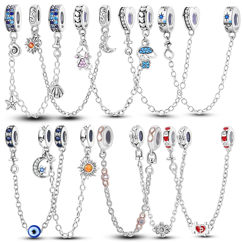 Original 925 Sterling Silver Safety Chain Star Moon Sun Heart Bowknot Silicone Clip Charm Fit Original Bracelet DIY Jewelry Gift