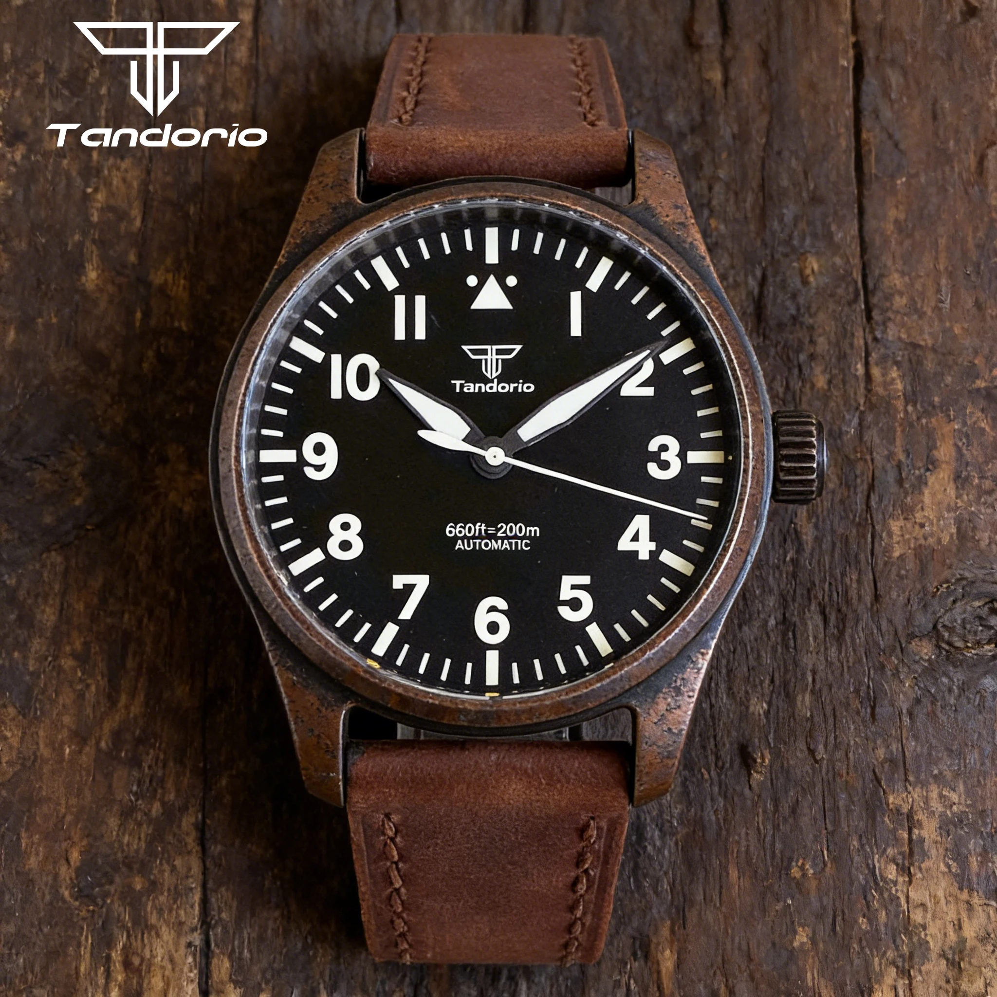 

Tandorio 39mm Vintage Pilot Automatic Mechanical Watch No date Bronze Coated Miyota 8215/NH35A Movement 20ATM Sapphire Leather