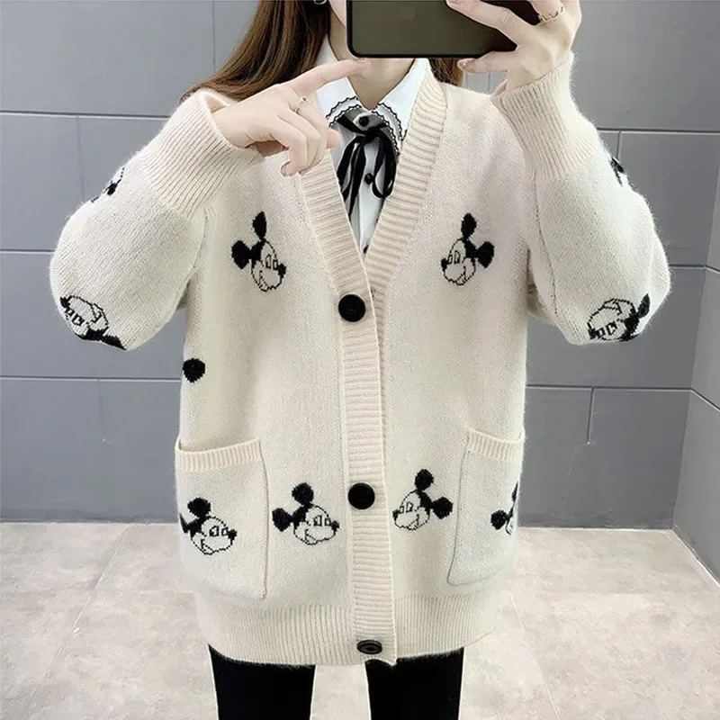 Disney Mickey Mouse Sweater Cardigan Women Cute Cartoon Fashion Long Sleeve Tops Knitted V Neck Y2K Warm Winter Autumn Sweater