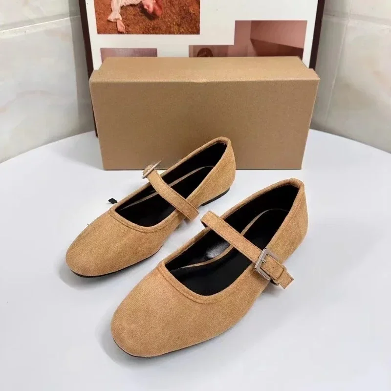 Autumn Retro Brown Mary Janes Shoes Round Toe Flannel Flats with Buckle True To Size Fashionable for Casual Wear High-Concerned