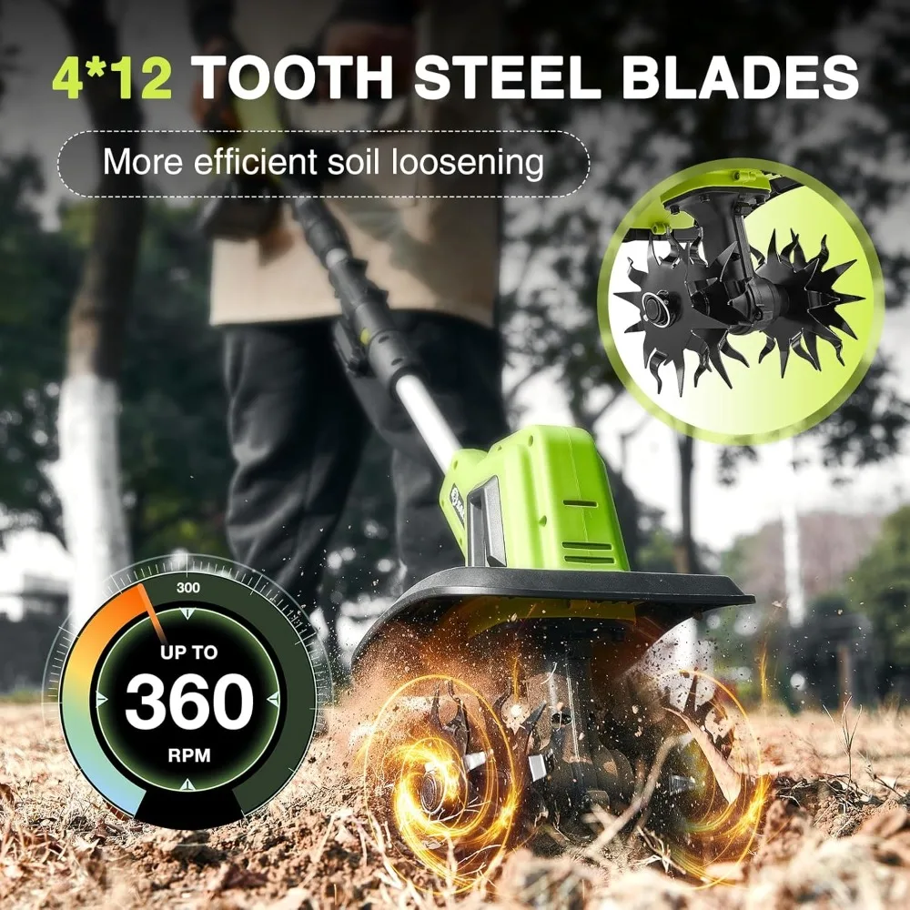 

22V Cordless Electric Garden Tiller Cultivator, Lightweight Rototiller for Gardening, 9-Inch Tilling Width, 6.3-Inch Depth