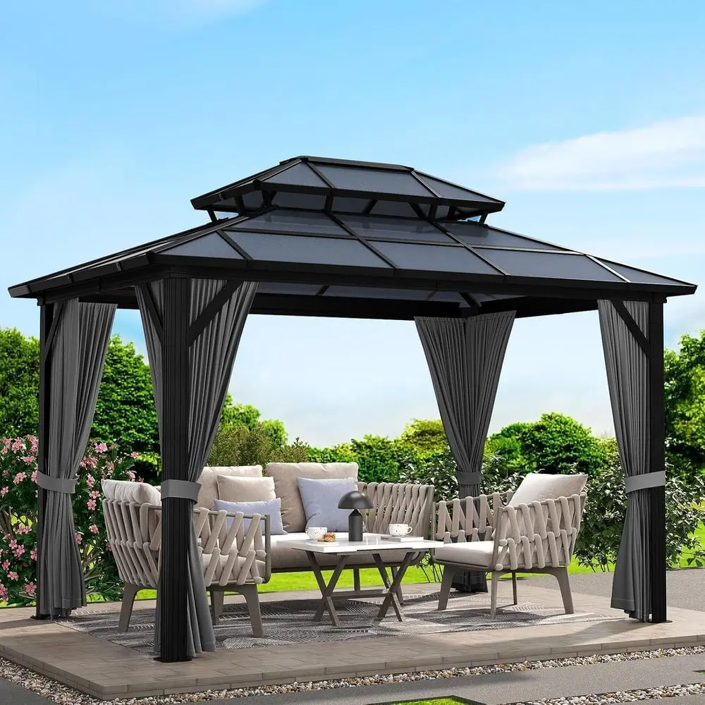 

Gray Weather-Resistant Outdoor Double Roof Pavilion with Curtains and Netting, 10x13 ft.