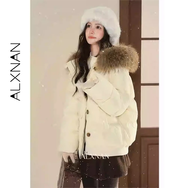 

ALXNAN Women's Winter Down Jacket Hooded Luxury Faux Fur Trim 90% White Duck Down Warm Parka Coat Thick Fashion Jackets L59917