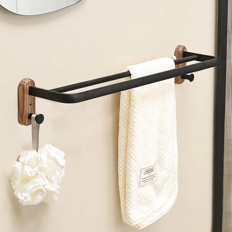 Wooden Bathroom Towel Rack, Solid Wood Double Bar Towel Hanging Bar, Wall Mount Towel Storage Holder for Washroom Toilet