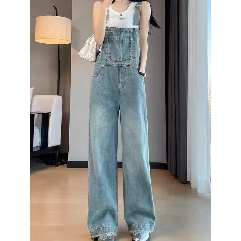 

Vintage Wide-Leg Overalls Women New Spring And Autumn Youthful Frayed Loose Straight Workwear Floor-Length Pants