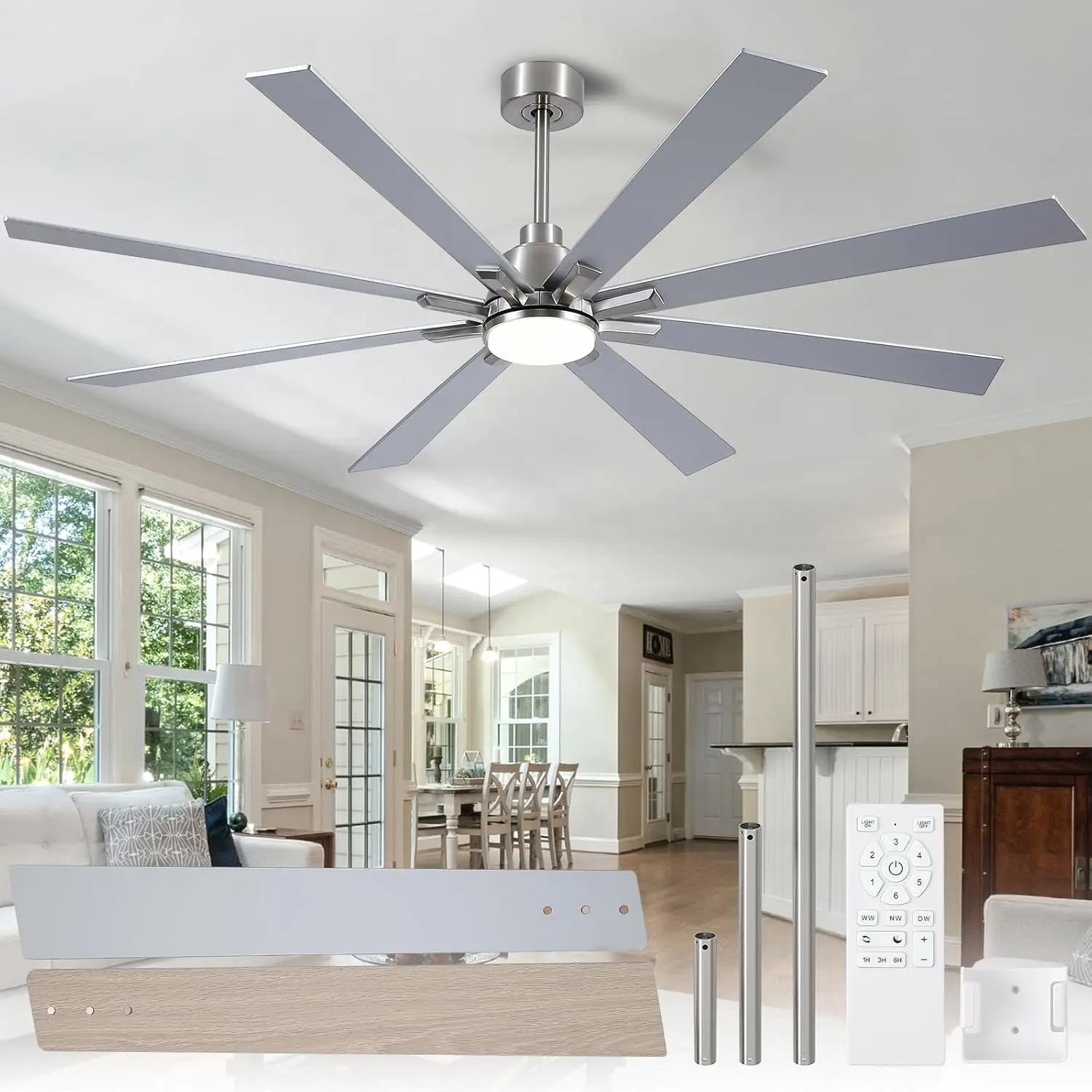 

72-дюймовые потолочные вентиляторы с подсветкой и пультом дистанционного управления, двигатель постоянного тока из чистой меди, матовый никель, внутренний промышленный потолочный вентилятор, тихий, 6 скоростей