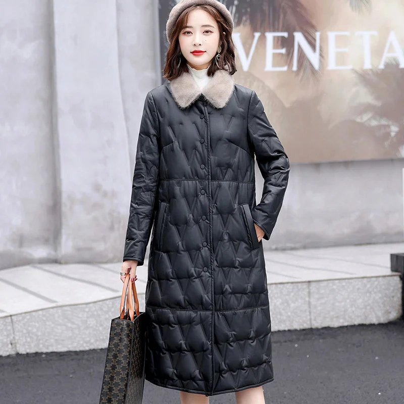 ลงใหม่ผู้หญิง Sheepskin เสื้อกันหนาวฤดูใบไม้ร่วงฤดูหนาว2023แฟชั่น Warm Mink Fur Collar หลวมหนังลงเสื้อหนายาวขนสัตว์เสื้อ