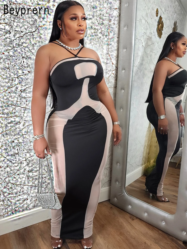 Beyprern-vestido ceñido con recorte de malla, ilusión Sexy, ropa de fiesta de noche para discoteca, vestido largo transparente recortado abstracto con estilo