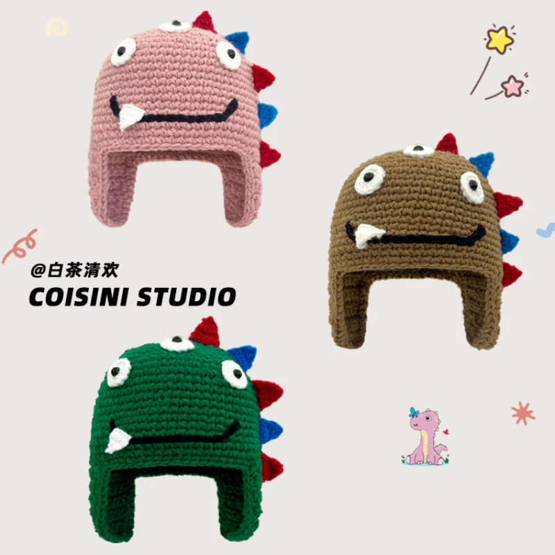 Cute Cartoon Little Dinosaur Design Knitted Beanies Cap Autumn and Winter Warm Personality Versatile Funny Ear Protection Hats