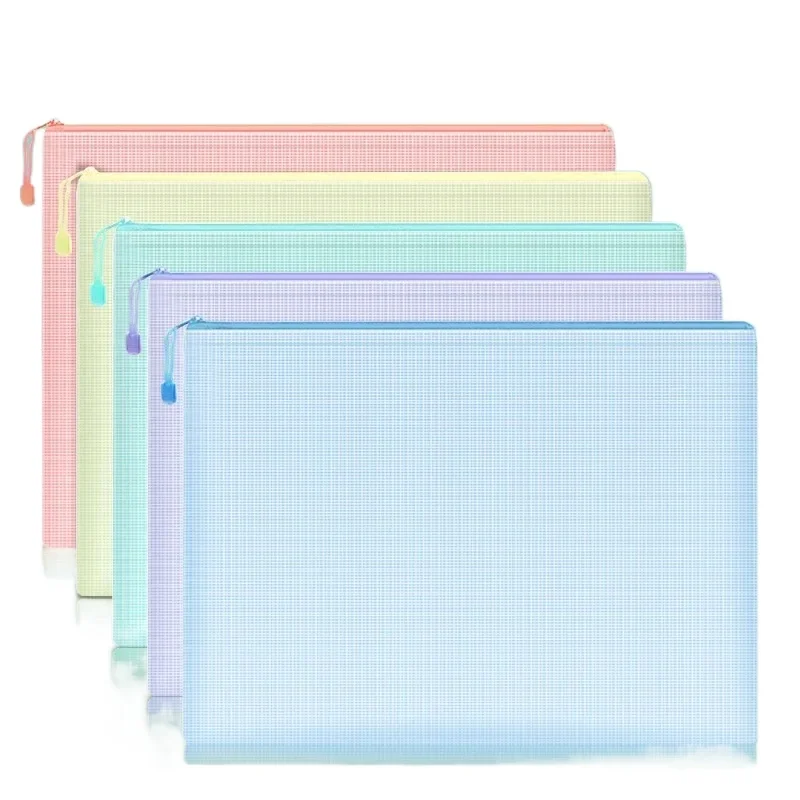 5/10 PCS Mesh Zipper Pouch Document Bag Macaron Colors A4 Size Waterproof Zip File Folders Storage Bags School Office Supplies