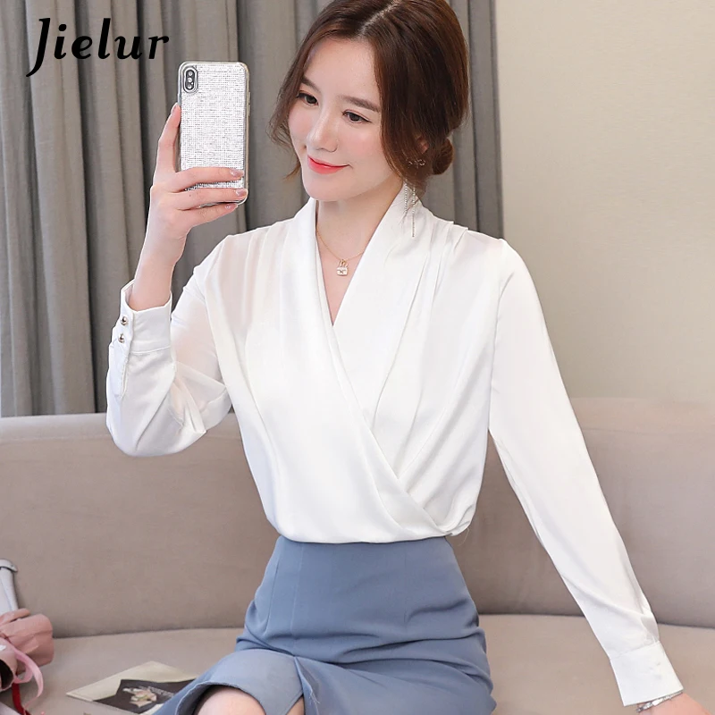 Jielur Womens Tops Blouses Solid Color White Satin Blouse Office Shirt Blusas Sleeveless Women Shirts Black White Female