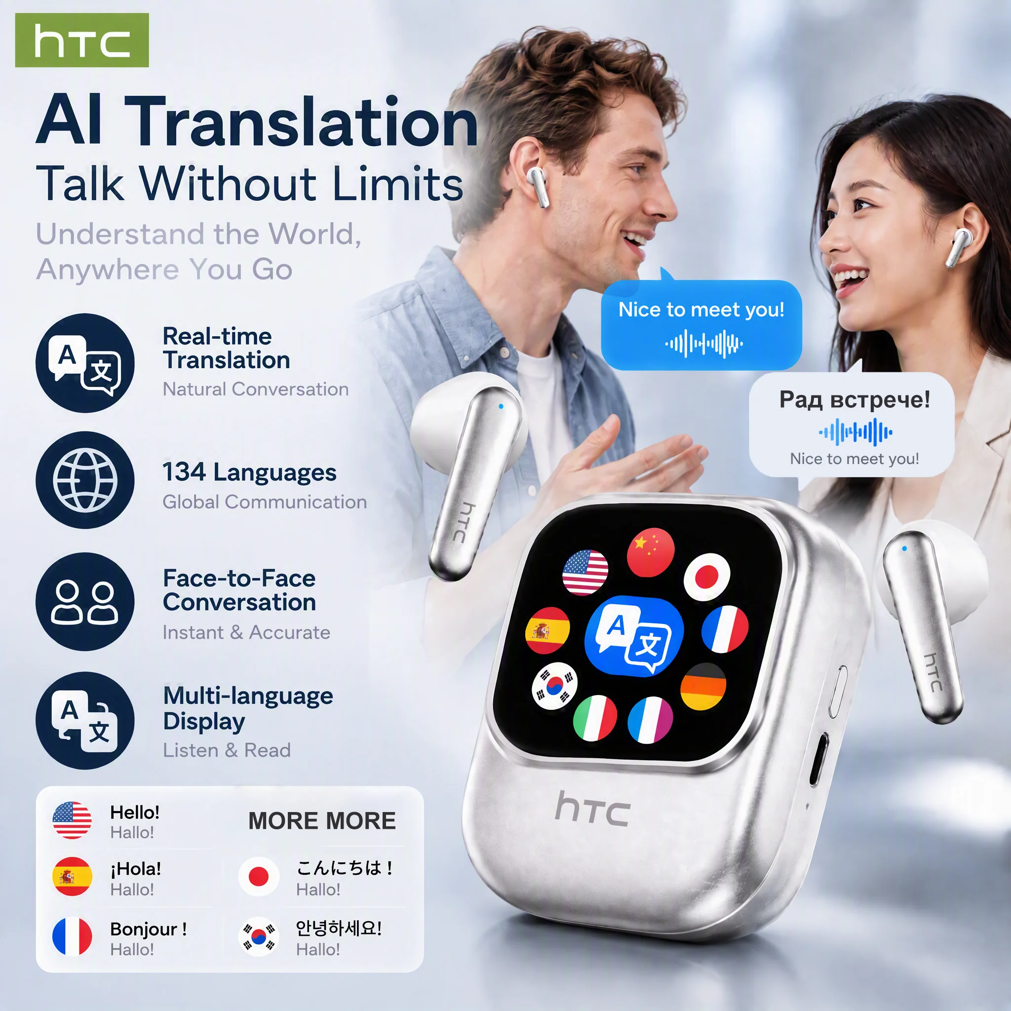 HTC NE99 Bluetooth Earphones Low Latency In-ear Earbuds Lanyard Portable AI Translator Earbuds Long Battery Wireless Headphones