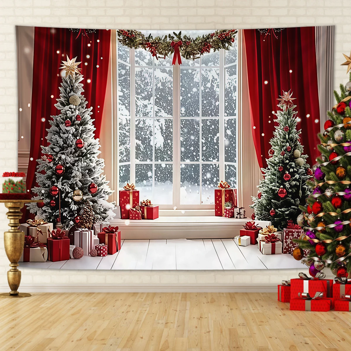1pc Christmas Photography Background - Dreamy Winter Snow Scene Christmas Tree Tapestry, Window and Interior Wall Hanging