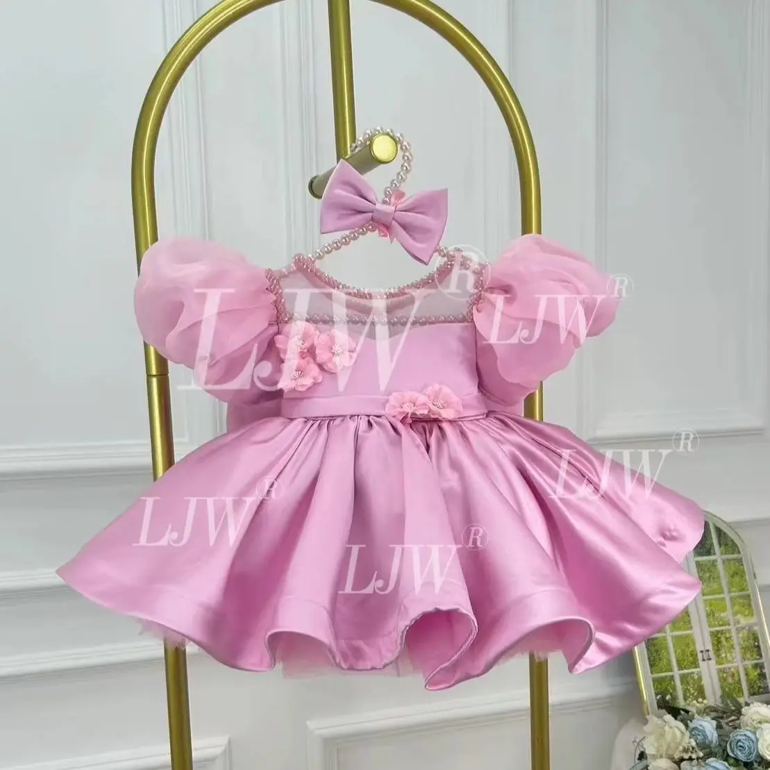 Luxury Pink Satin Baby Girls Formal Dress Pearl Neck Puff Sleeve 3D Flower Front Big Bow Back Kids Wedding Baptism Party Outfit view 3
