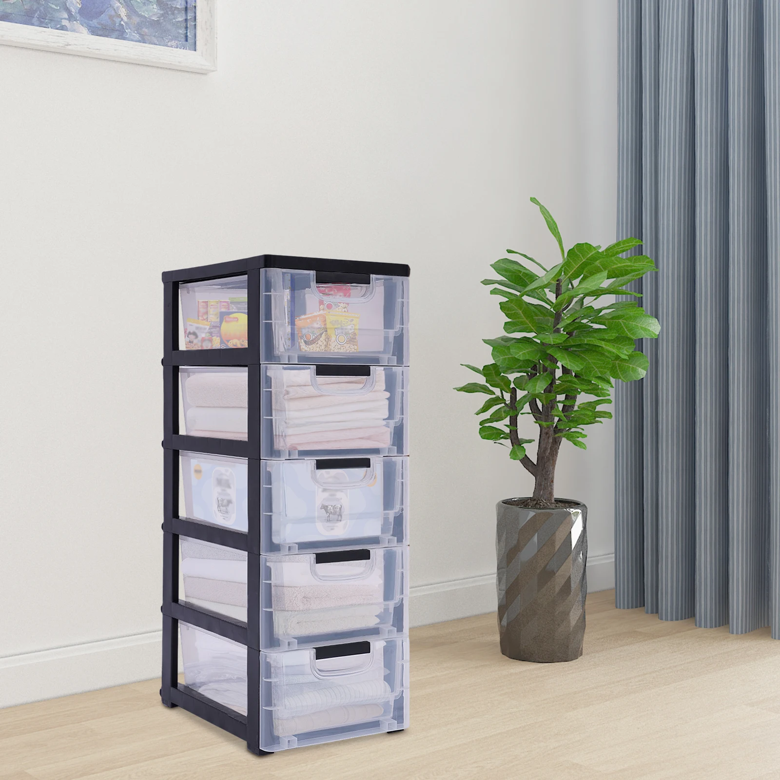 Modern Style Transparent Storage Drawer 5 Layers With Smooth Wheels 41.5*39*33cm For Family Storage