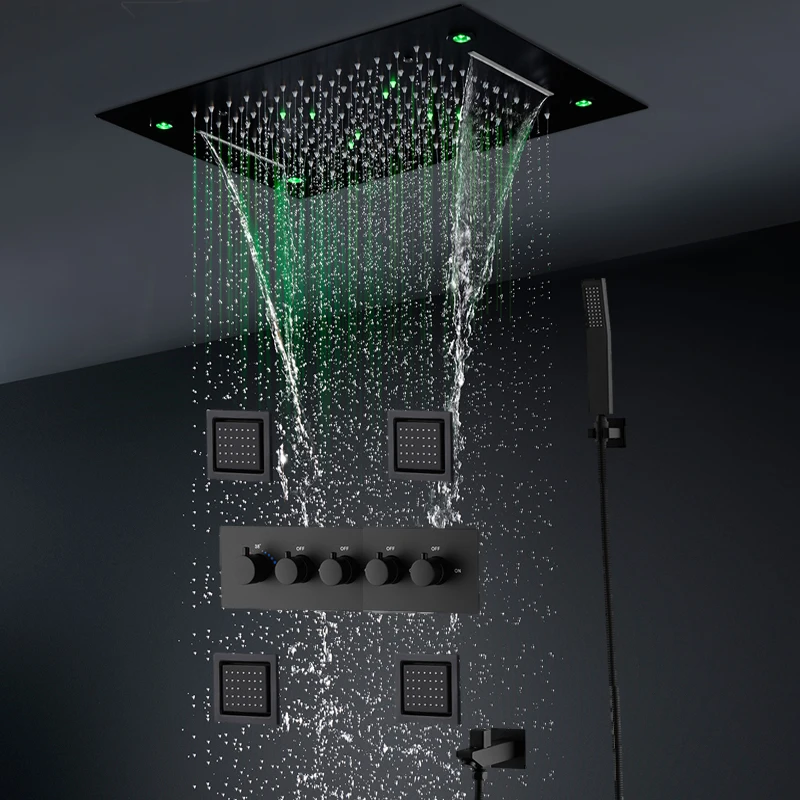 

Black Shower Thermostatic Bath Systerm Recessed LED rainfall and waterfall Massage 4'' body jets