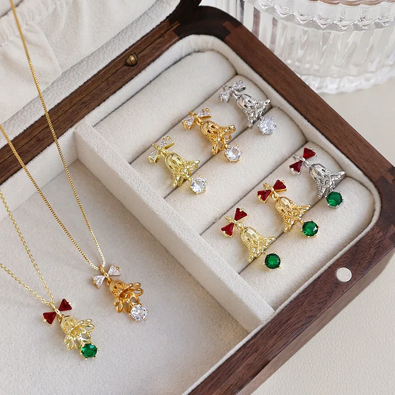 10pcs/ Bag  Copper wrapped gold color protection inlaid zirconium Christmas series bell pendant DIY jewelry accessories