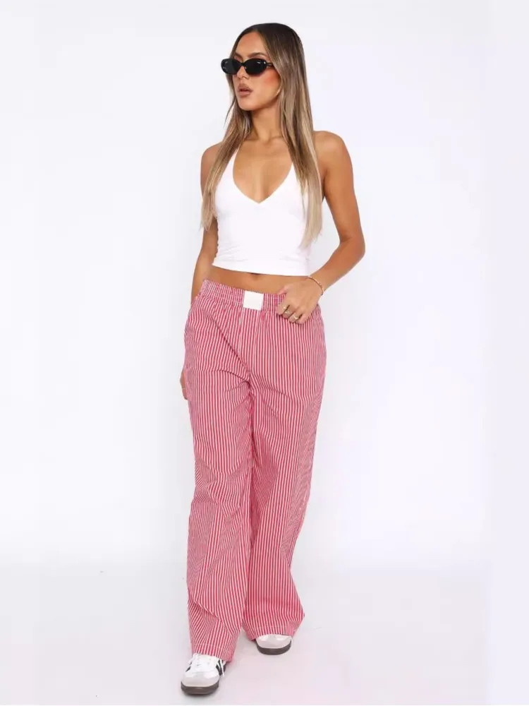 

Simple Stripe Pants Women Fashion Casual Elastic Waist Straight Trousers Female Temperament Commuting Clothing Spring Autumn New