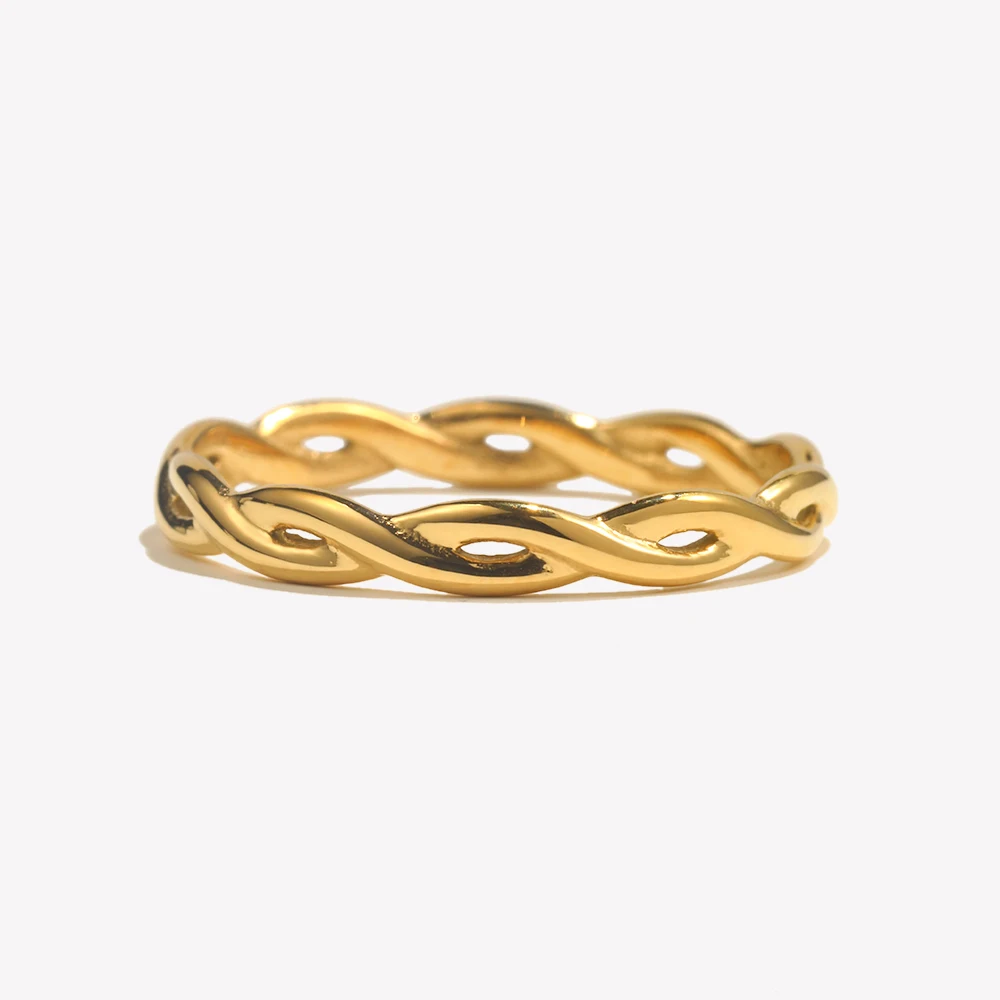 E.B.belle Super Minimalist Braided Twisted Thin Gold Rings For Lady Waterproof Stainless Steel 18K Gold Plated Girl\'s Ring