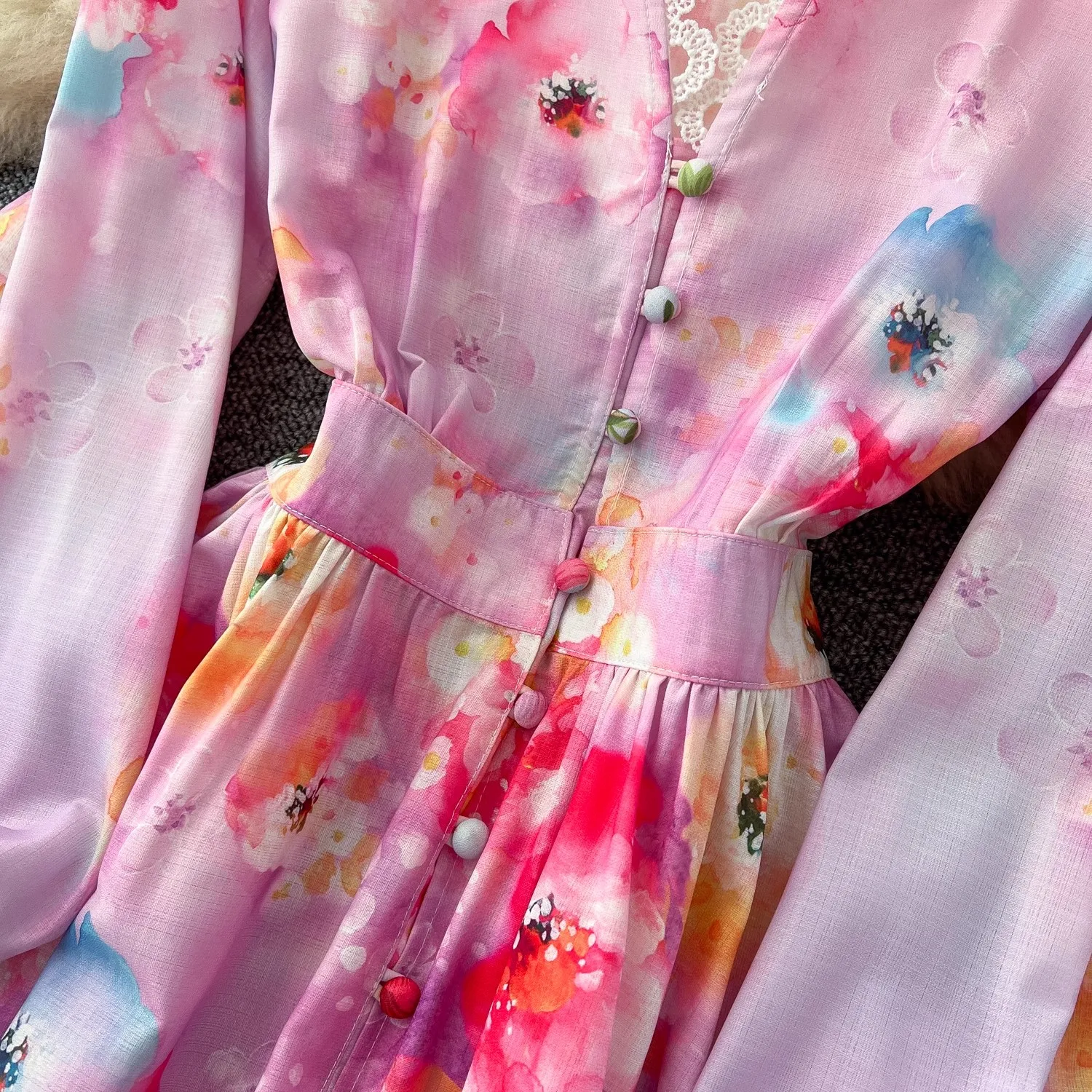 Nova primavera verão floral férias maxi vestido feminino sexy decote em v manga longa puff rendas guarnições bordado robe vestidos