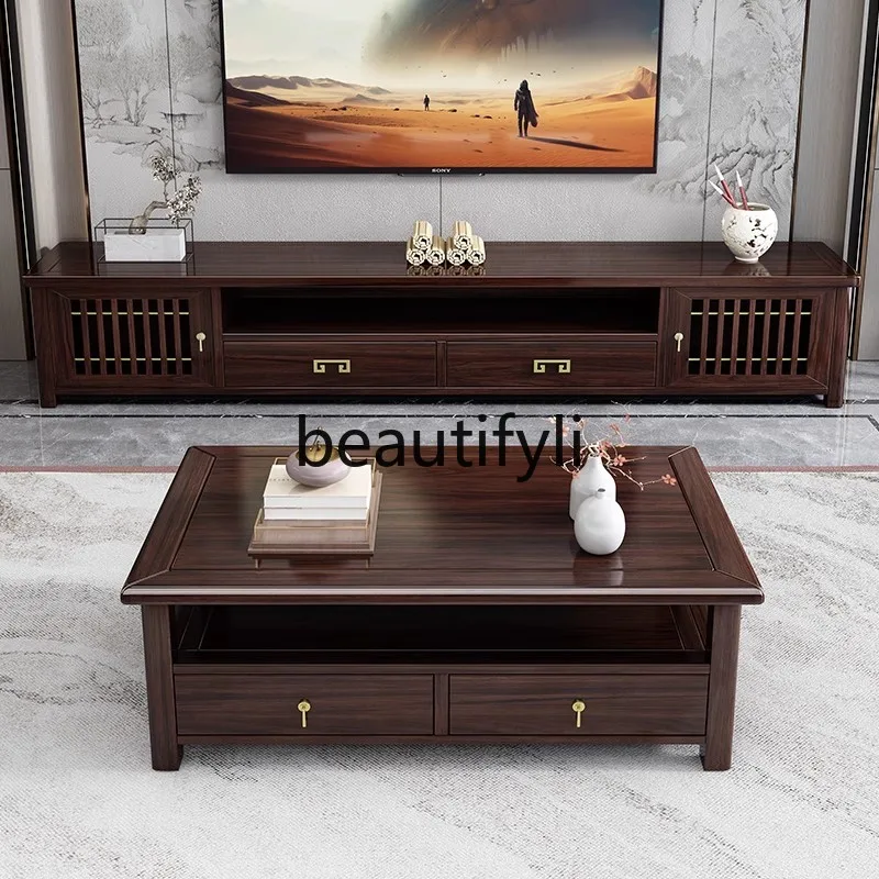 

New Chinese Style Light Luxury High-End Ebony Solid Wood TV Cabinet and Coffee Table Set Living Room Rock Slab Floor Cabinet