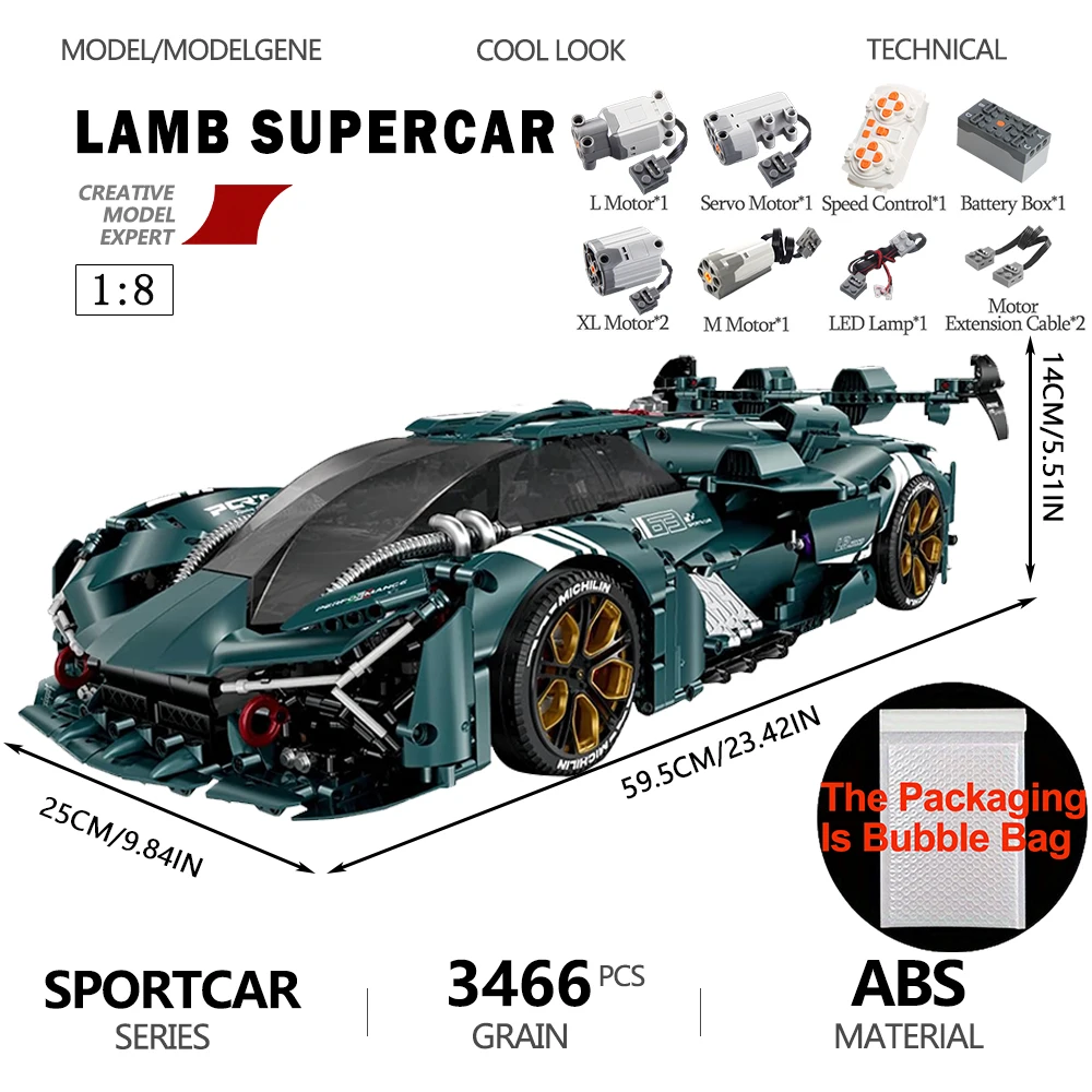 Technical 1:8 Scale Lamb Supercar Model Building Block RC Car Desktop Decoration Assembly Bricks Sets 3466PCS Kids Toys For Gift