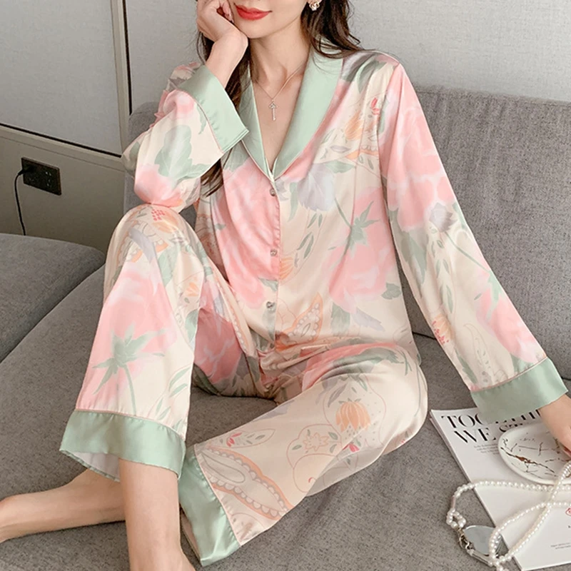 Women\'s Autumn Winter Pajamas Faux Silk Satin Pijamas Long Sleeve Long Pants Thin Sleepwear Lapel Pyjamas Female Nightwear