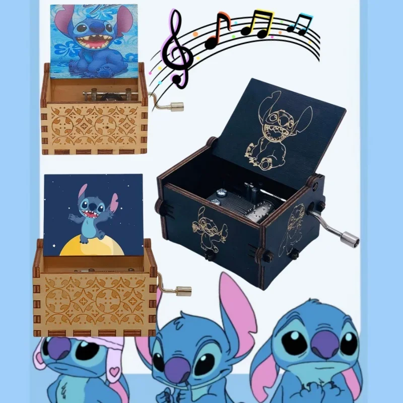 Disney Stitch Wooden Music Box Hand Crank Antique Engraved Anime Figure Musical Box Case Christmas Gifts