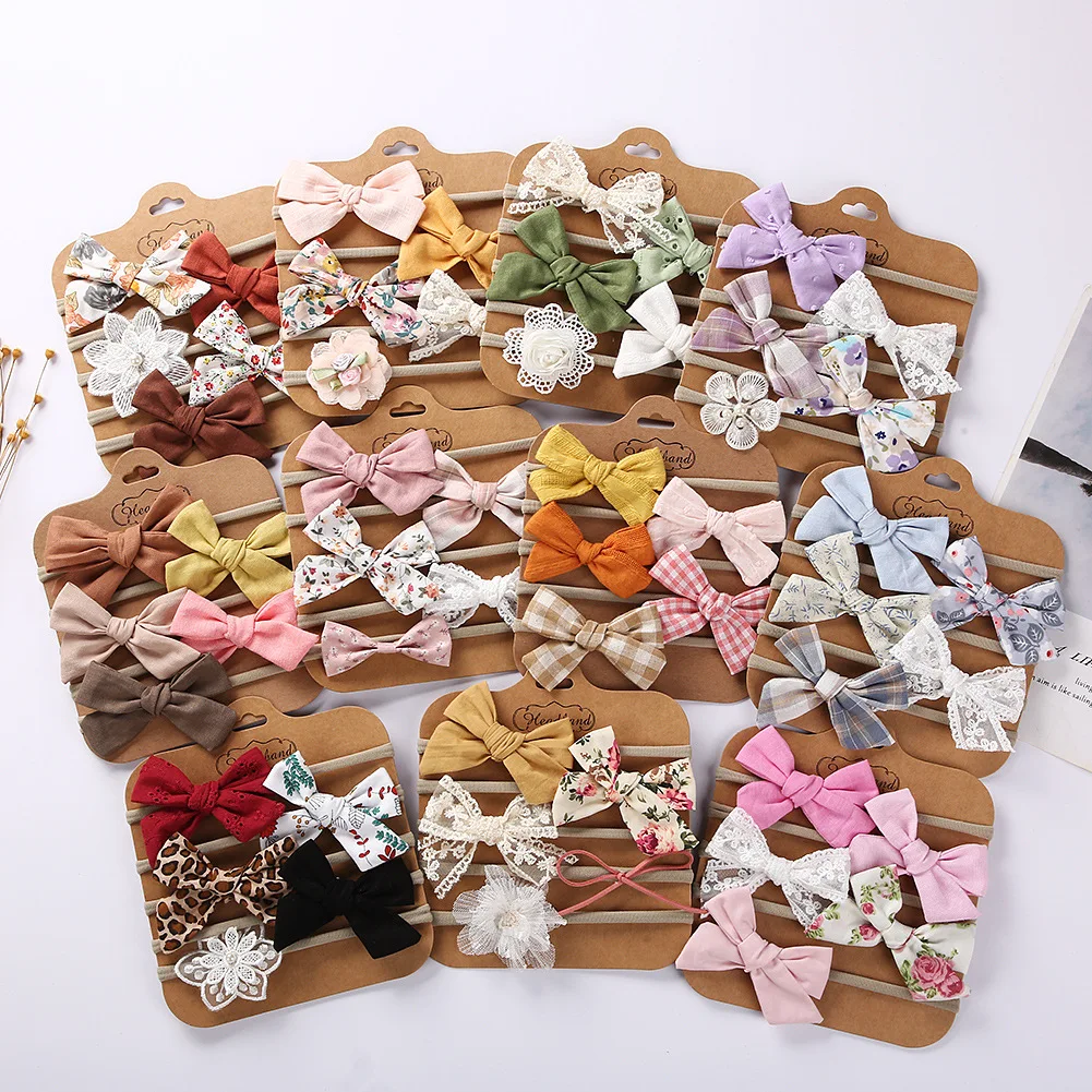 5Pcs/Set Baby Bow Headband Newborn Print Lace Flower Nylon Cotton Hair Bands for Children Girls Kid Non-Wave Toddler Accessories