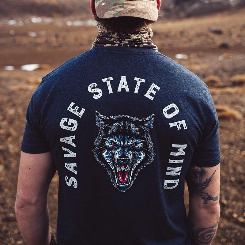 2026 Summer New Collection Defense Company Theme Series SAVAGE Wolf Head Print Short-sleeved T-shirt Tough Men's Short-sleeved