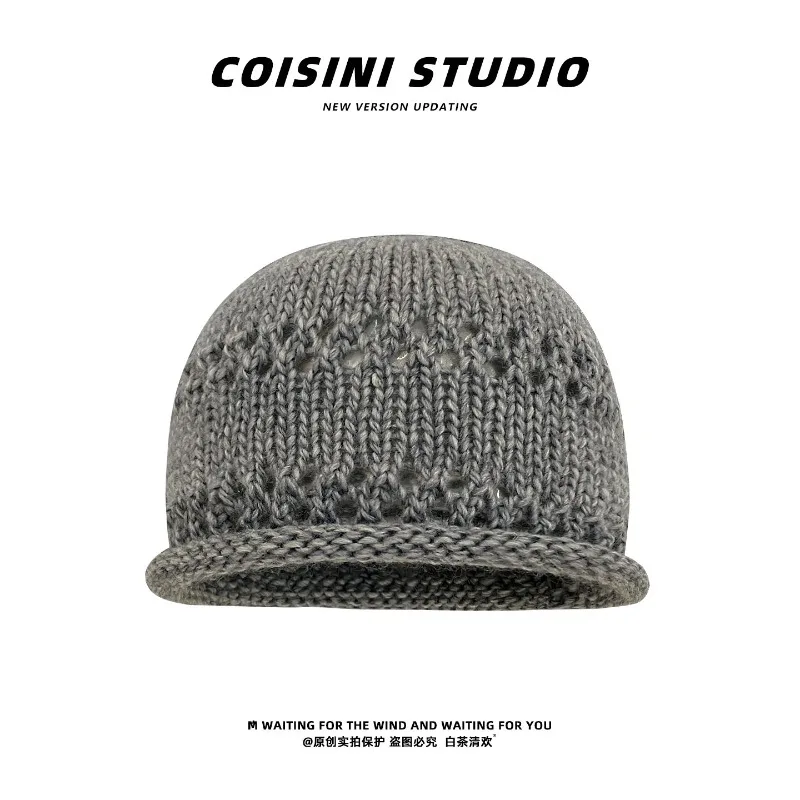 Koreanische Einfarbige Gekräuselte Hohle Strickmütze für Damen, Herbst- und Wintermode, Vielseitige Kuppel-Beanie-Mütze – Detail 4