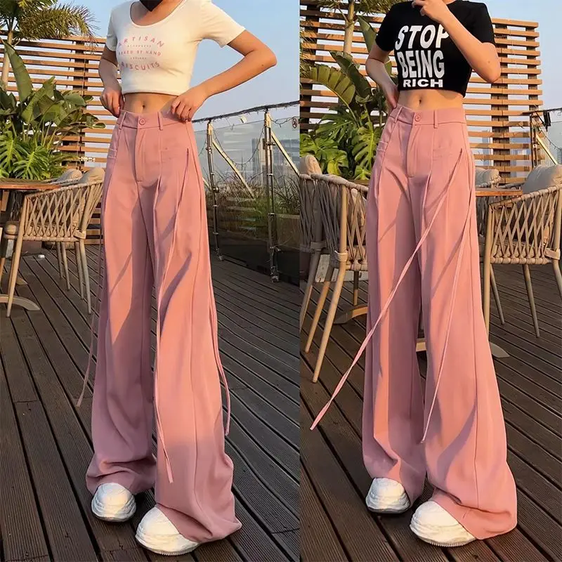 

Red Pants Women Casual High Waist Retro Y2k Streetwear Women Korean Fashion Baggy Casual Wide Leg Straight Trousers 2023