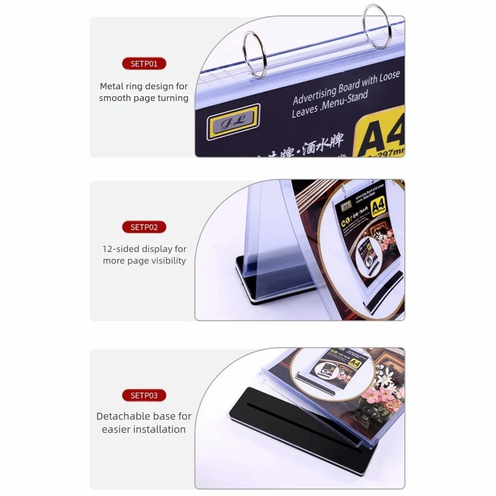 Clear PVC Menu Display Stand Sturdy Base A4/A5 Tabletop Loose-leaf Rack Detachable 6 Pages Poster Holder Store Display