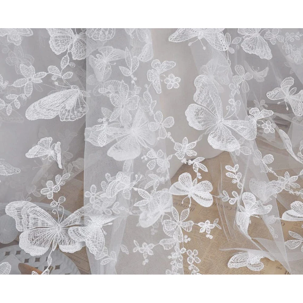 1 Yard Butterfly Lace Fabric Flower Embroidery Soft Tulle Fabric for Wedding Bridal Dress Party Dress Home Decor 150CM Wide