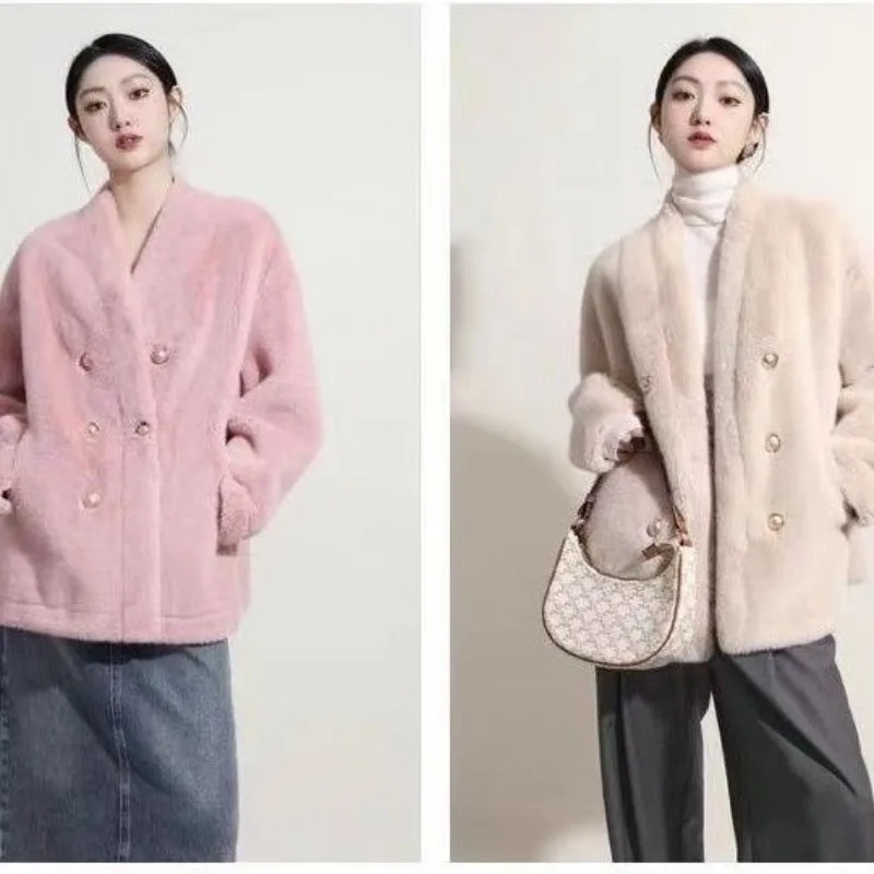 Luxury Vintage Double-breasted Fur Jacket Women Winter Oversized Short Faux Mink Coat Post-Apocalyptic Top Warm Fluffy Jacket