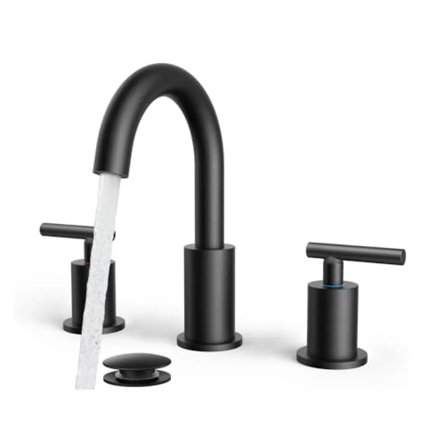 

Matte Black Bathroom Faucet 3 Hole 8 Inch Widespread Sink Faucet with 360 Swivel Spout and Pop-up Drain for 6-12 Inch Vanity cU