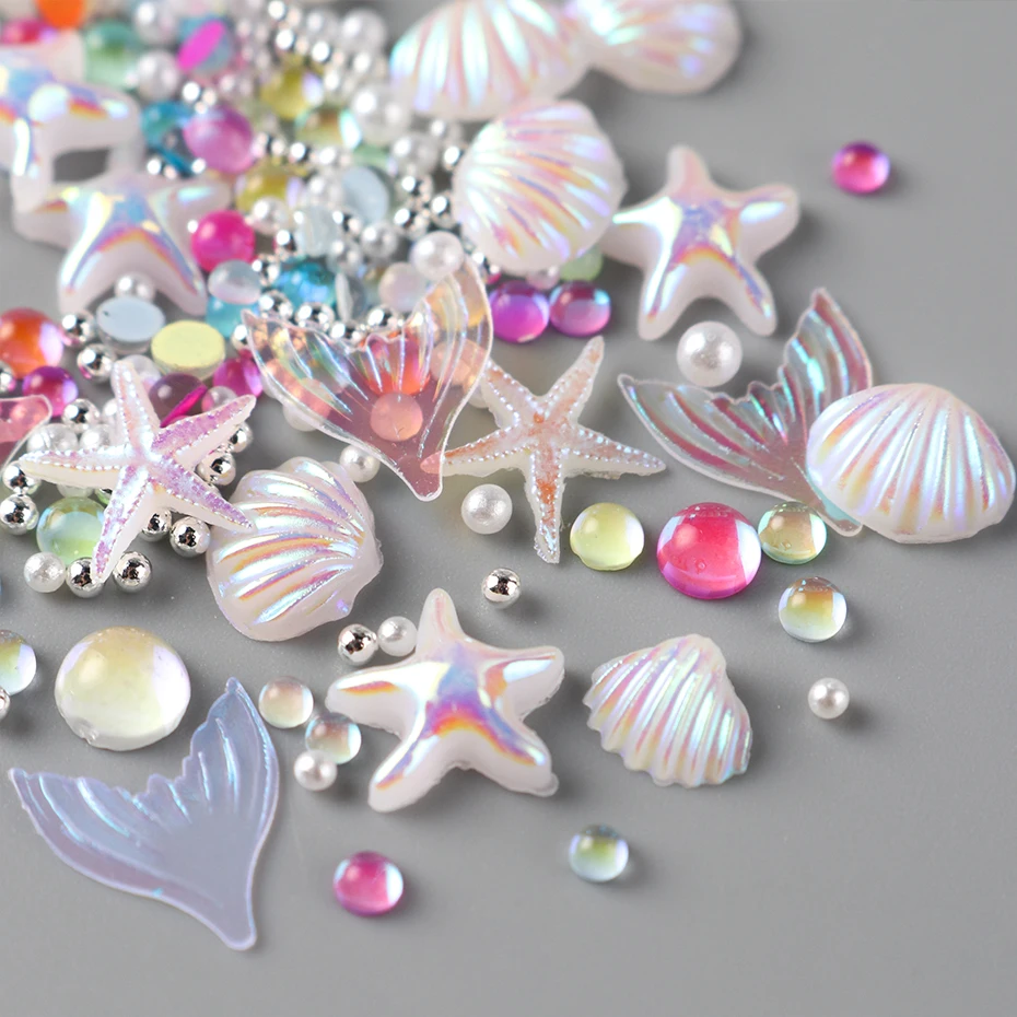 Aurora Pink White Ocean Shell Starfish Nail Charms 3D Mermaid Resin Conch Coconut tree Nail Decorations Summer Nail Decor