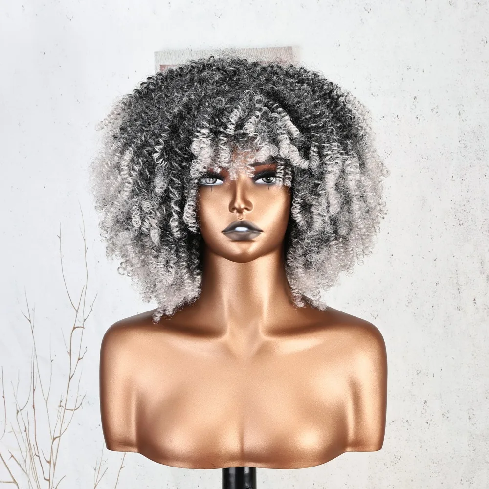 X-TRESS Synthetic Wigs Ombre Grey Color  8 Inches Afro Curly Hair with Bangs Kinky Curly Machine Made Hair for Women Daily Use