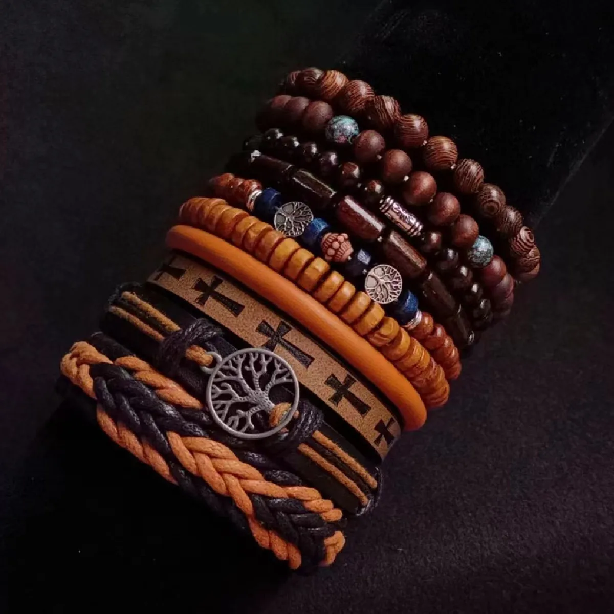 Khaki Tree 10 Pcs/set Black Wrap Woven Fashion Handmade Men Bracelets Male Women Leather Bracelets Men Bangle Wholesale Jewelry - Image 2