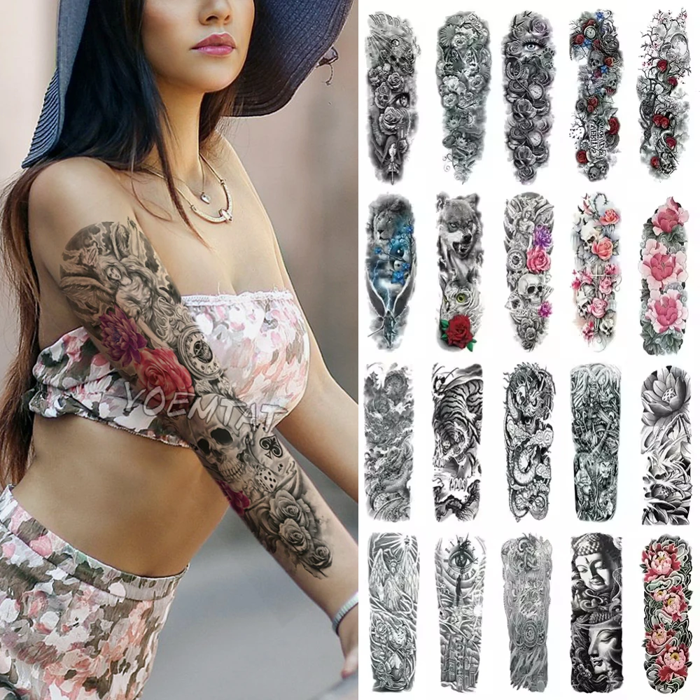 Large Full Arm Sleeve Waterproof Temporary Tattoo Sticker Skull Flowers Clock Wolf Tiger Fake Tatoo Body Art Tatto Men Women Leg