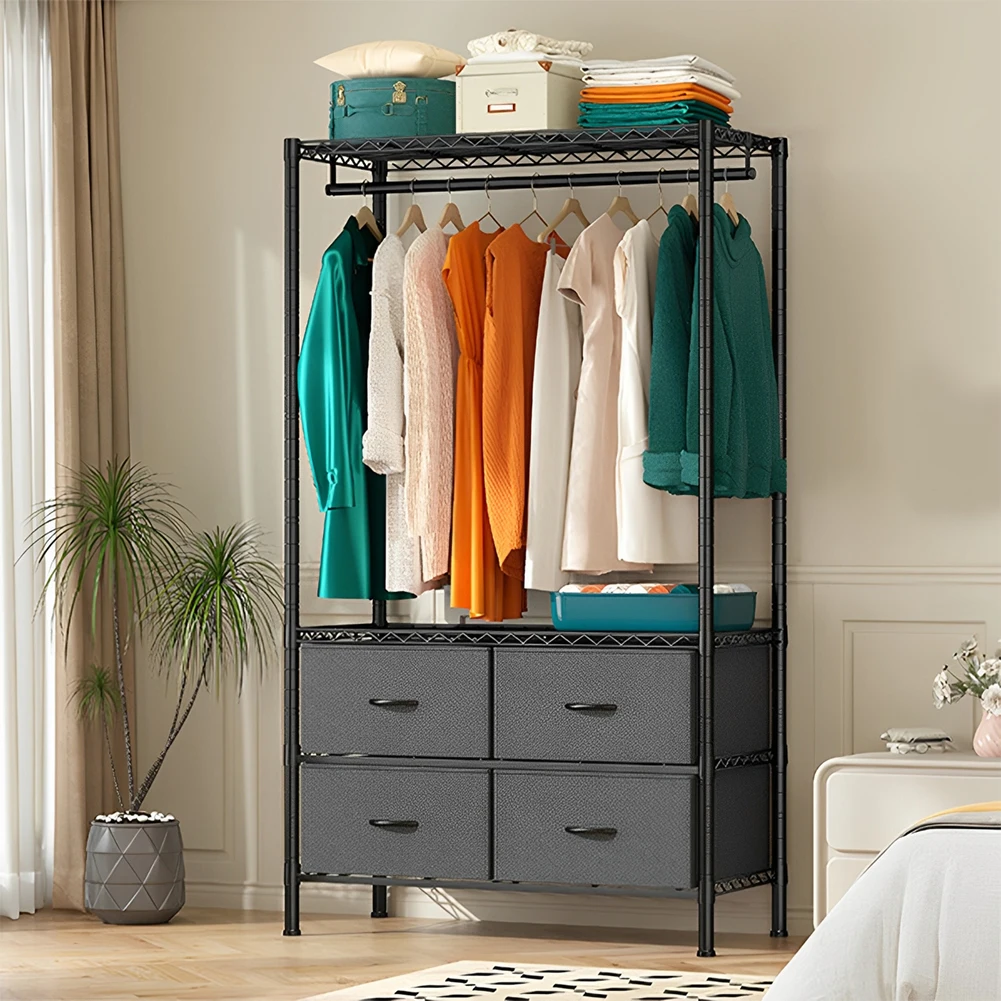 

Metal Clothing Rack with 4 Large Fabric Drawers Clothes Organizer Clothes Hanging Rack on The Ground for Bedroom Living Space