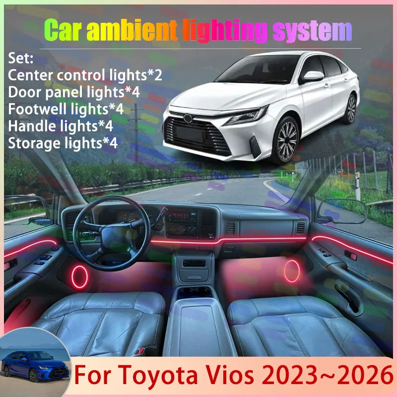 

Для Toyota Vios MK4 AC100 NGC100 2023 ~ 2026 Yaris 2/18 в 1, автомобильная атмосферная лампа, RGB абажур, ансамбль, стример, атмосферный набор