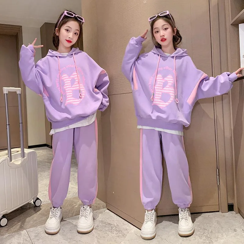 Girls Suit Long-sleeved Sweater with Hood + Trousers Two-piece Suit Fashionable Loose Harem Pants Suit Outer Wear Casual Simple