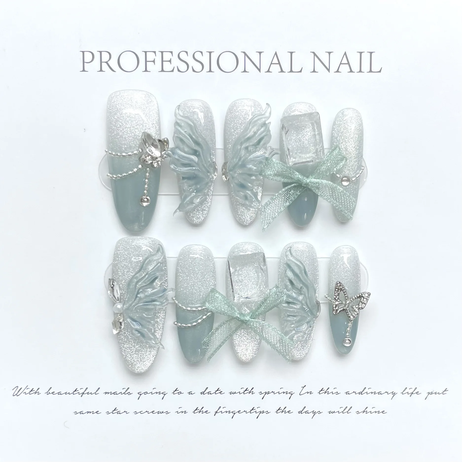 10pcs Pure Hand Pressed Long Oval Nail Art,Nice Fake Nails,Blue Cat's Eye Butterfly Lace Super-Sparkling Fairy,Idea For Women