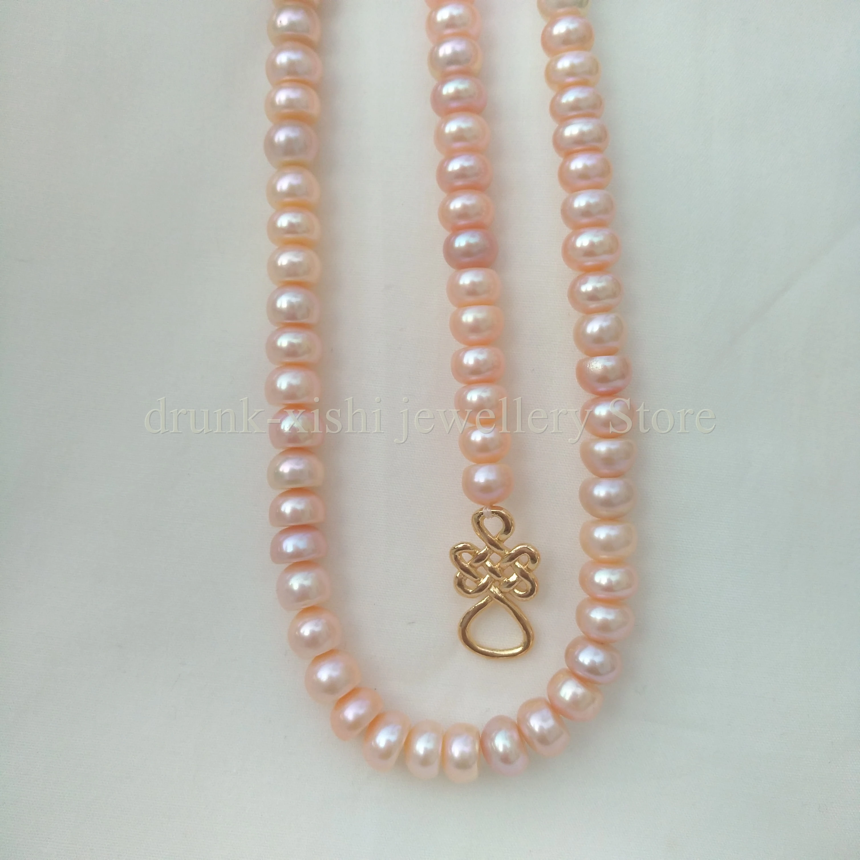 Single Strand 18in 19in Princess Length Natural 7-8mm Gold Pink South Sea Real Pearl Necklace Chinese Knot Clasp Free Shipping