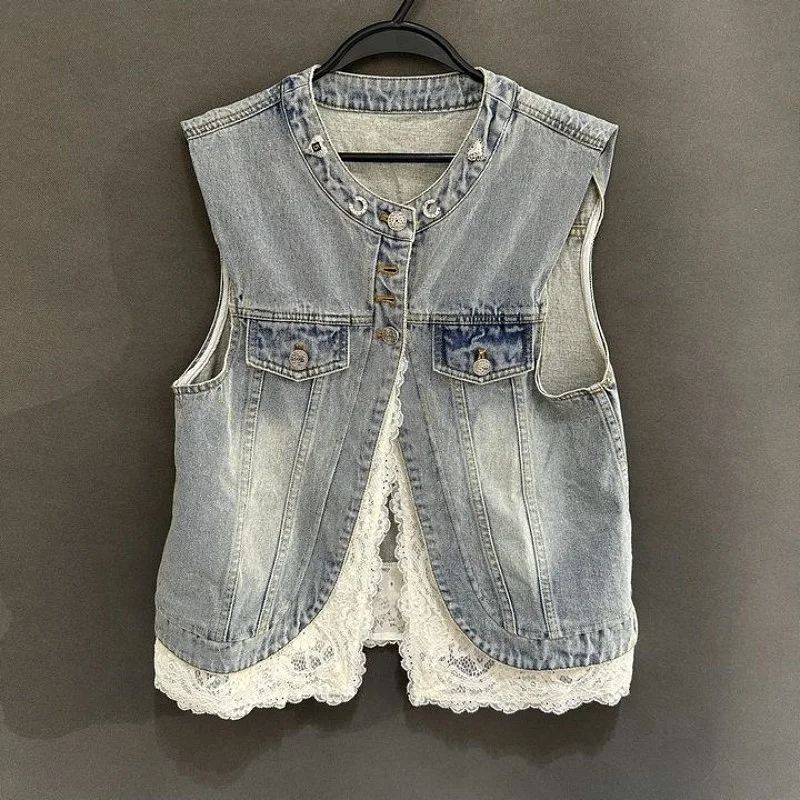 

Весна 2024, новый джинсовый кружевной жилет неправильной формы, круглый жилет Ne, женский модный универсальный жилет на одной пуговице...
