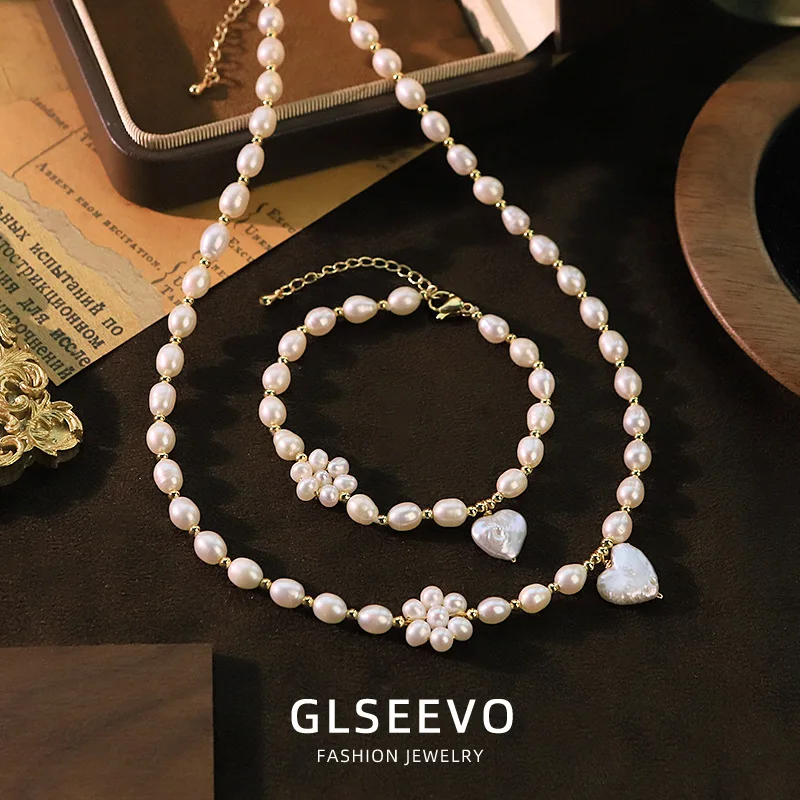 Handmade Design Natural Pearl Heart Necklace Bracelet Set A And Versatile Beaded Jewelry